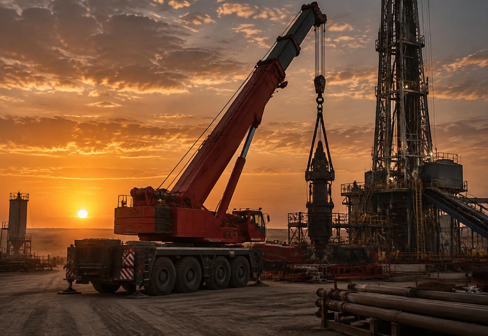 Red mobile crane operating beside an oilfield rig
